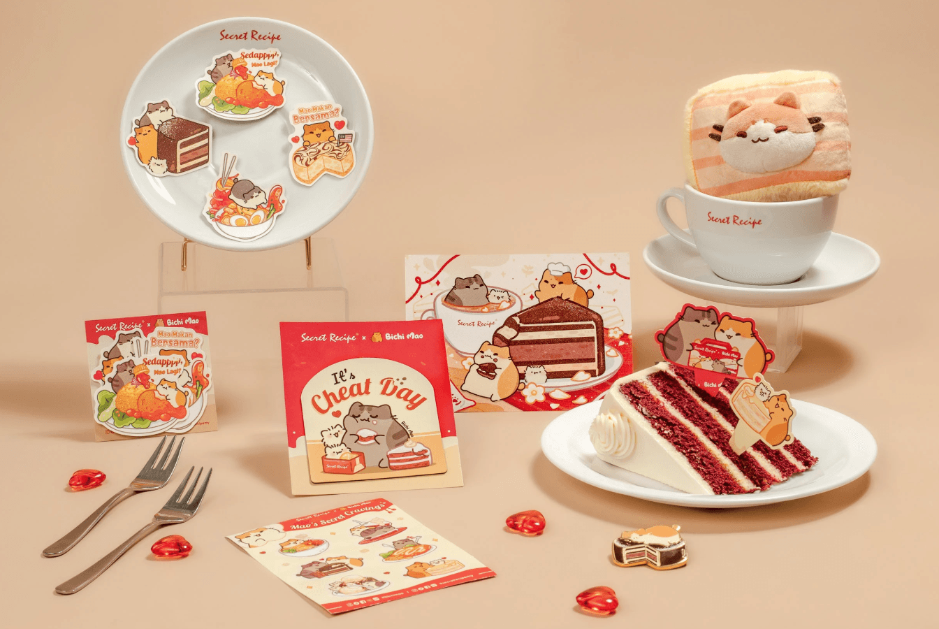 Secret Recipe and Bichi Mao "Sweet Mao-ments" collaboration featuring cat-themed cake designs and collectible merchandise.