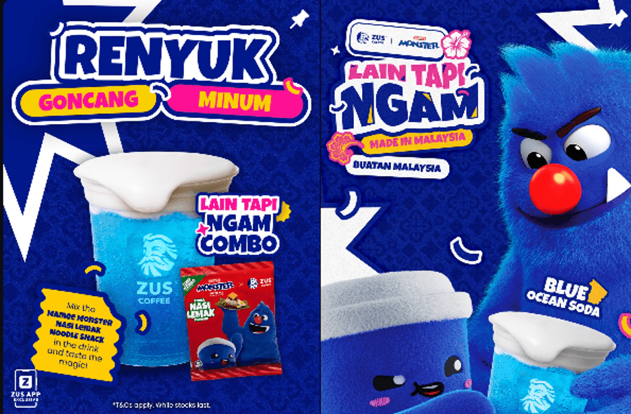 ZUS Coffee and Mamee Monster "Lain Tapi Ngam" collaboration featuring Blue Ocean Soda and Nasi Lemak snack combo